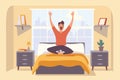 A happy young man stretches in his bedroom after waking up. He is smiling and excited to start his day, doing morning gymnastics