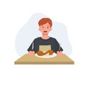 happy young man at the table is ready to eat fried chicken drumstick, turkey drumstick on the plate , yummy , vector flat style Royalty Free Stock Photo