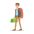 Happy young man traveler standing with backpack and suitcase. Summer travel colorful cartoon character vector