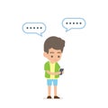 Happy young man using smartphone texting message, vector illustration.