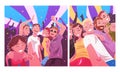 Happy Young Man and Woman Having Fun and Dancing at Nightclub or Music Festival Looking in Camera Vector Set Royalty Free Stock Photo