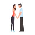 Happy Young Man and Woman Looking at Each Other Holding Hands, Romantic Loving Couple Cartoon Style Vector Illustration Royalty Free Stock Photo
