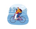 Happy young man woman people ride cartoon bicycle, vector illustration. Romantic couple at bike, cartoon love travel day