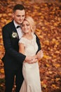 Happy young married couple in golden yellow fall autumn park. beautiful bride and stylish groom hugging in wedding day Royalty Free Stock Photo