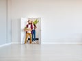 Happy young married couple moves to new apartment Royalty Free Stock Photo