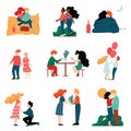 Happy Young Men and Women on Dates Set, Romantic Couples Embracing, Kissing and Holding hands, Happy Lovers on Date Royalty Free Stock Photo