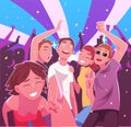 Happy Young Men and Women Having Fun and Dancing at Nightclub, Party or Music Festival Vector Illustration Royalty Free Stock Photo