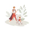 Happy young mom walking with baby in stroller. Mother and son. Modern woman with cup of coffee pushing pram with child Royalty Free Stock Photo