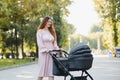 Happy young mother with baby in buggy walking in autumn park Royalty Free Stock Photo