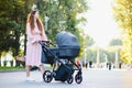 Happy young mother with baby in buggy walking in autumn park Royalty Free Stock Photo