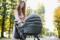 Happy young mother with baby in buggy walking in autumn park Royalty Free Stock Photo