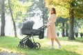 Happy young mother with baby in buggy walking in autumn park Royalty Free Stock Photo