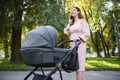 Happy young mother with baby in buggy walking in autumn park Royalty Free Stock Photo