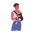 Happy young mother carrying baby in sling. Mom with infant, toddler in carrier wrap. Black woman holding cute little Royalty Free Stock Photo