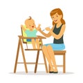 Happy young mother feeding her baby in highchair, colorful vector Illustration