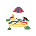 Happy mother and her daughter having picnic at park. Woman and girl sitting on carpet under umbrella. Flat vector design Royalty Free Stock Photo