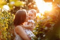 Happy young mother playing and kissing her little baby daughter on sunshine warm spring or summer day. Beautiful sunset Royalty Free Stock Photo