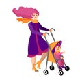 Happy young mother walks with the baby in the stroller. Isolated object on white background