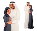 Happy pregnant Arab couple with pregnancy test. Vector illustration.