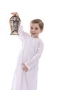 Happy Young Muslim Boy With Wooden Lantern