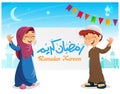 Happy Young Muslim Kids with Ramadan Kareem Banner Celebrating Ramadan