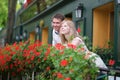 Happy young newly-wed couple on a balcony Royalty Free Stock Photo