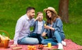 Happy parents with their son blowing soap bubbles on picnic at park Royalty Free Stock Photo