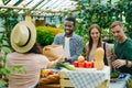 Happy young people buying organic food in market talking to female farmer Royalty Free Stock Photo