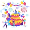 Happy young people celebrating a birthday. Vector flat cartoon illustration. Men and women have a fun party Royalty Free Stock Photo