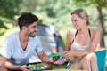 Happy young people eating healthy salad for lunch Royalty Free Stock Photo