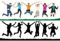 Happy young people. Group of people in a jump. Cheerful youth in the air on trampolines. Friends are jumping. Vector illustration