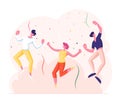 Happy Young People Having Party. Joyful Male and Female Characters Dance and Jumping with Hands Up Royalty Free Stock Photo