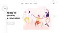 Happy Young People Having Party Website Landing Page. Joyful Characters Dance and Jumping with Hands Up in Room