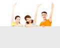 Happy young people raise hand to greet with empty board Royalty Free Stock Photo