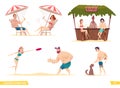 Happy young people resting on the beach. Collection of modern cartoon summer characters.