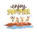 Happy young people riding banana boats and enjoying summer. Men and women having fun at sea resort. Colored flat vector Royalty Free Stock Photo