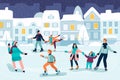 Happy young people skating. Couple, kids and family spend time on ice rink. Vector flat cartoon illustration Royalty Free Stock Photo