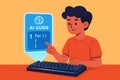 Happy young person learns artificial intelligence programming code using computer keyboard and digital guide Royalty Free Stock Photo