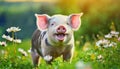 Happy young pig on meadow background. Funny animals emotions. Piglet in the grass Royalty Free Stock Photo