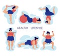 Happy young plus-size girl doing fitness and yoga. The concept of an active healthy lifestyle.