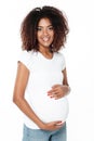 Happy young pregnant african woman standing isolated Royalty Free Stock Photo