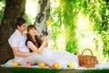 Happy and young pregnant couple hugging in nature enjoying summer park, outdoors, new life concept. Royalty Free Stock Photo
