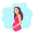 Happy young pregnant woman with big belly. Beautiful pregnant woman character. Girl expecting a baby. Maternity concept. Vector