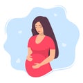 Happy young pregnant woman with big belly. Beautiful pregnant woman character. Girl expecting a baby. Maternity concept. Vector