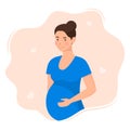 Happy young pregnant woman with big belly. Beautiful pregnant woman character. Girl expecting a baby. Maternity concept. Vector