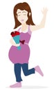 Cheerful pregnant woman with roses bouquet and saluting at you, Vector illustration