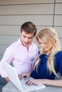 Happy, young professional couple using laptop