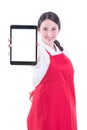 Happy young sales clerk holding modern tablet Royalty Free Stock Photo