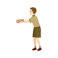 Happy young scout boy holding box for gift or present delivering mail package