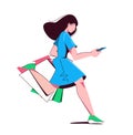 happy young shopping woman running with bags and looks into the phone, concept of sale, bestseller, informing by app